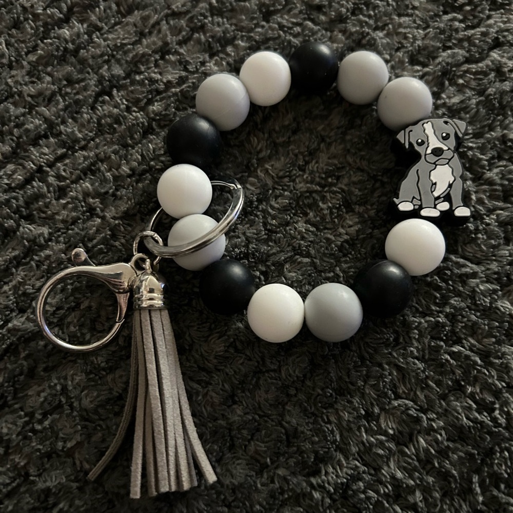 Hand Crafted Black White Gray Beaded Keyring with Dog Charm & Tassel